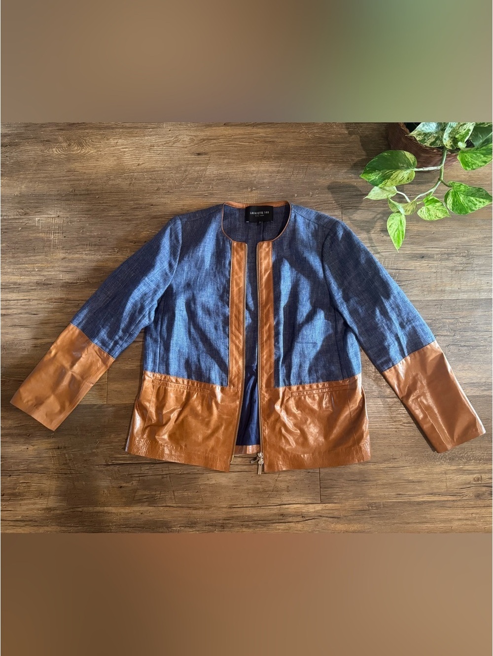 Lafayette 148 New York jacket Blue Linen and Leather Zip Classic Jacket Sz M